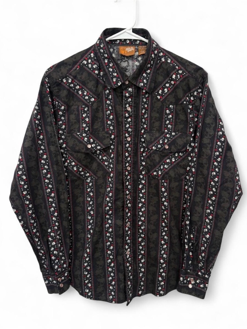 Men Vintage Ugly Shirt Black Skull Rose Rockabilly Button Up Small‎ Western Goth
